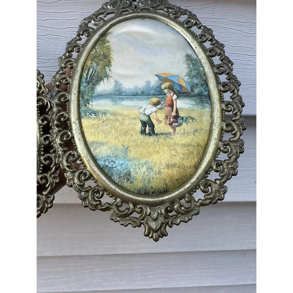 Vintage Victorian Brass Oval Ornate Picture Frames Silk Children‎ Outdoors X2